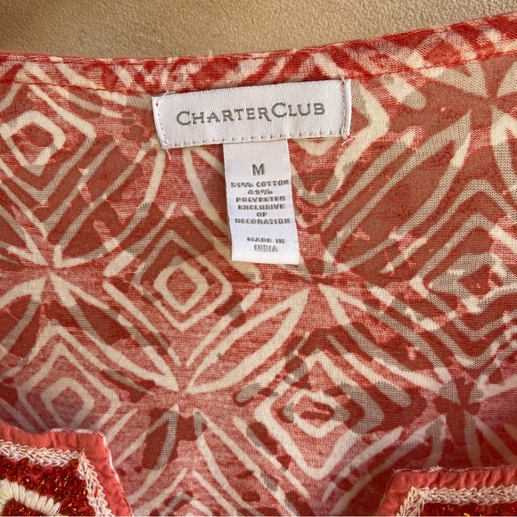 CHARTER CLUB Semi-Sheer Orange and White Beaded Tunic Top Women’s Size Medium - Picture 4 of 11